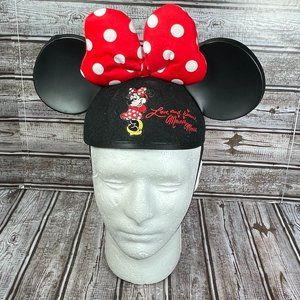 DISNEY Minnie Mouse Hat With Ears Bow Love and Kisses Black Red Youth Size